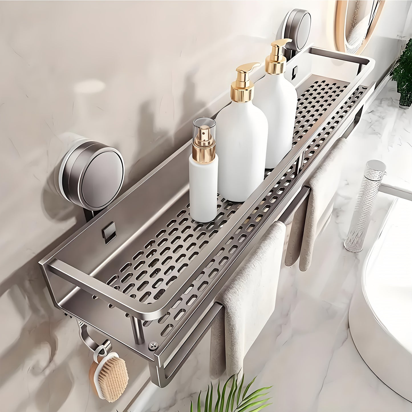 1pc Easy-Install Suction Cup Shower Caddy, Wall-Mounted Organizer for Shampoo & Soap with Towel Holder, Heavy-Duty Floating Shower Shelve for Shower Accessories - Strong Adhesive, Bathroom Organizers And Storage, Shower Organizer, Bathroom Shelves