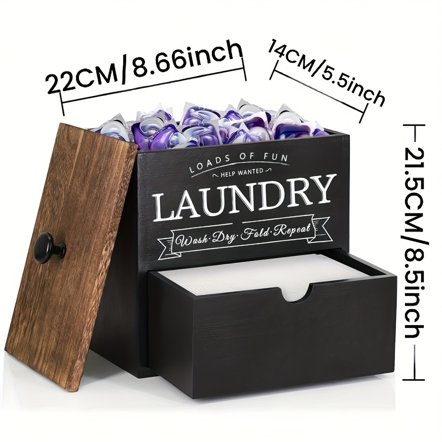 MONDRAME Farmhouse-Style Wooden Dryer Sheet Holder with Drawer And Lid - Dual Installation Options, Wall Mount Or Countertop, Laundry Pod Dispenser for Organized Storage