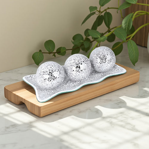 Decorative Glass Balls for Bowls 3 Inch Set of 3 with Glass Tray, Bowl Fillers Centerpiece Table Decorations for Home Decor Living Room Dining Coffee Table, Silver Black Gold Green