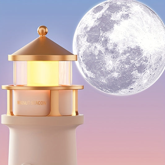 Moon Lighthouse Projector Night Light – Motion Sensor LED Lamp with USB Charging, Always-On Mode, Moonlight Ocean Projection, Decorative Ambient Light & Unique Gift for Home Bedroom Decor