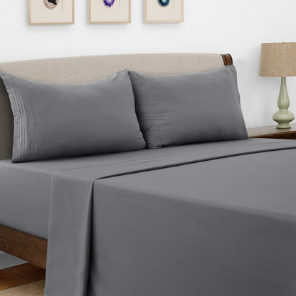Lux Decor 4 Pieces Solid Bed Sheets - Stylish Comfy Bedding Set - Hotel Luxury Skin Friendly Cooling Sheets & Embroidered Pillowcases Without Filler - Classic Collection With 16 Inches Deep Pocket - Brushed 100% polyester- Shrinkage & Fade Resistant