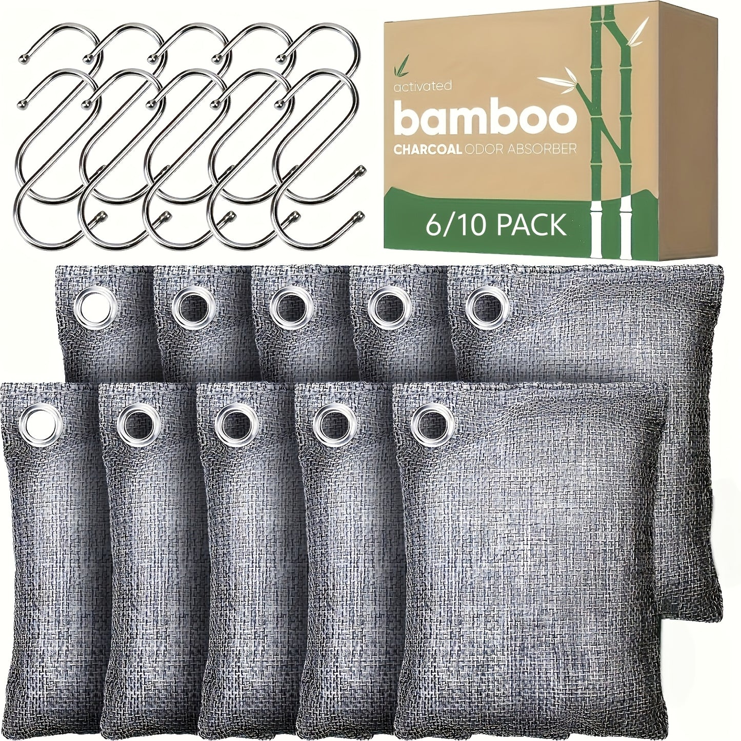 Bamboo Charcoal Air Purifying Bags Odor Absorber Eliminator for Home Car Closet Pet Smoke Room Deodorizer Activated Charcoal Bags Unscented 6 Grids 10 Packs