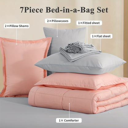 7pcs Comforter Set-Luxury Soft Fluffy Bedding With 1 Comforter, 1 Fitted Sheet, 1 Flat Sheet, And 4 Pillowcases & Pillow Cover-All Season Quilte Set Queen, Hypoallergenic, Breathable, Easy Care, Valentine'S Day Bed In A Bag, Gifts For Her