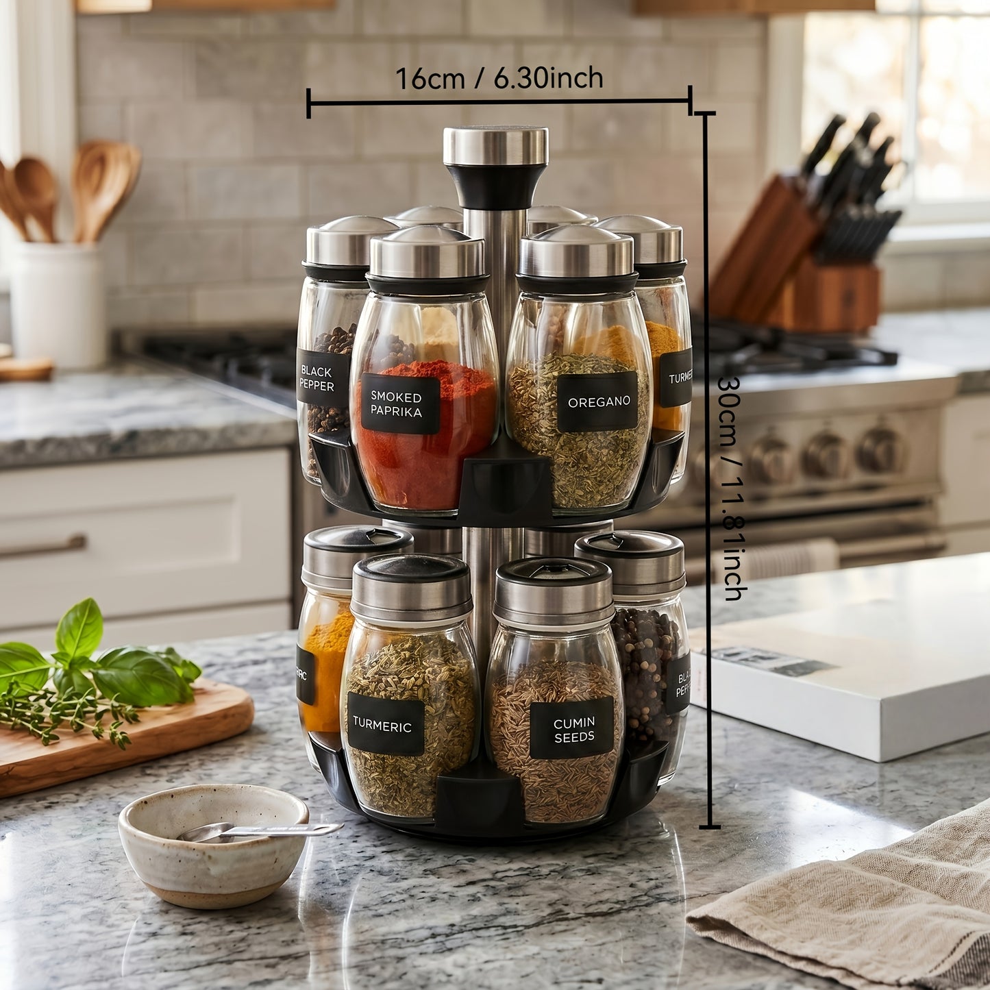 Glass Spice Jar Set with Rotating Rack – Airtight Kitchen Spice Organizer with 360° Stainless Steel Stand – Food Grade Glass Seasoning Bottles for Pantry, Cabinet & Countertop Storage – 6 or 12 Piece