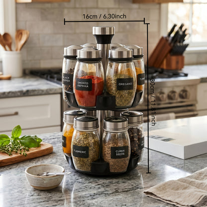 Glass Spice Jar Set with Rotating Rack – Airtight Kitchen Spice Organizer with 360° Stainless Steel Stand – Food Grade Glass Seasoning Bottles for Pantry, Cabinet & Countertop Storage – 6 or 12 Piece