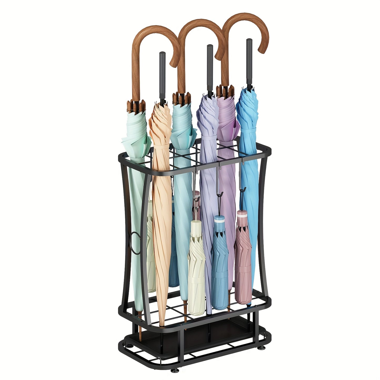 Metal Umbrella Stand with Drip Tray – 4-Tier Freestanding Umbrella Holder, Sleek Polished Finish, Space-Saving Entryway Storage for Home Office & Commercial Use, Black