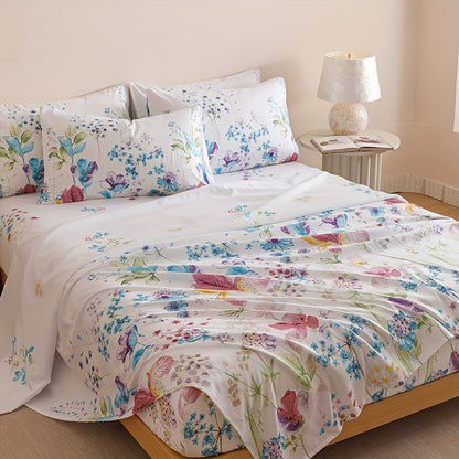 4-Piece Fresh Flowers Bedding Set | 1 Fitted Sheet + 1 Flat Sheet + 2 Pillowcases | Soft & Breathable Polyester | All-Season | Machine Washable
