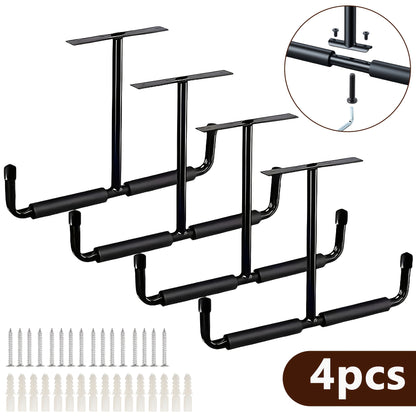 Heavy-Duty Ceiling Mounted Garage Storage Hook Rack, Overhead Metal Ladder Hanger With Double Hook Design & Anti-Slip Foam, Space-Saving Ceiling Storage For Ladders, Hoses, Wood, Large Tools, Includes Screws And Anchors For Easy Installation, 2/4pcs