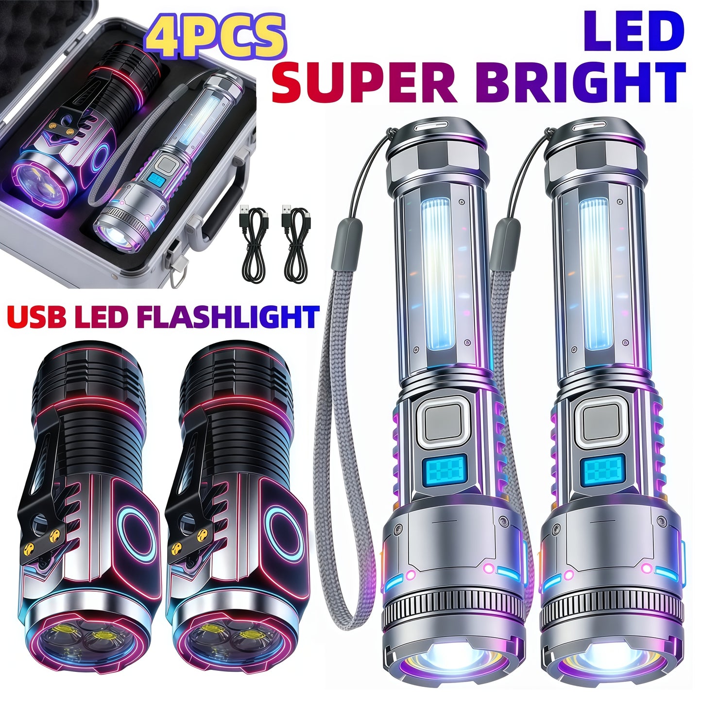 4pcs/2pcsUltra-bright Extendable Zoom Handheld Flashlight, Rechargeable, Adjustable Beam, Magnetic Attachment For Portable Work Light, Strong Light For Illumination, Multiple Modes, Suitable For Night Fishing, Camping, Etc. No Box