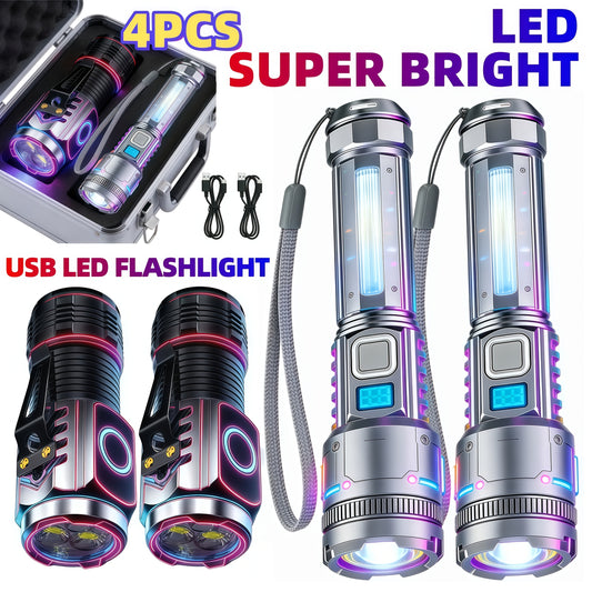 High-Intensity Flashlight 4pcs Set - Ultra Bright Rechargeable Zoomable Handheld Flashlight with Magnetic Base Adjustable Beam Multiple Modes Portable Work Light for Camping Fishing Outdoor Emergency