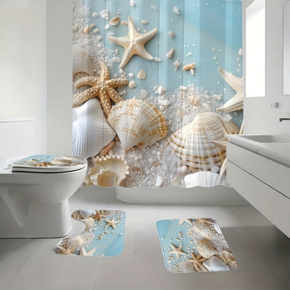 Set of 1/4pcs Shower Curtain Featuring a Sea Star Shell Design, Made from Polyester And Includes 12 Hooks. It Comes with a Non-Slip Floor Mat, a U-Shaped Toilet Pad, And a Lid Pad, Perfect for Room Decoration And Bathroom Additions