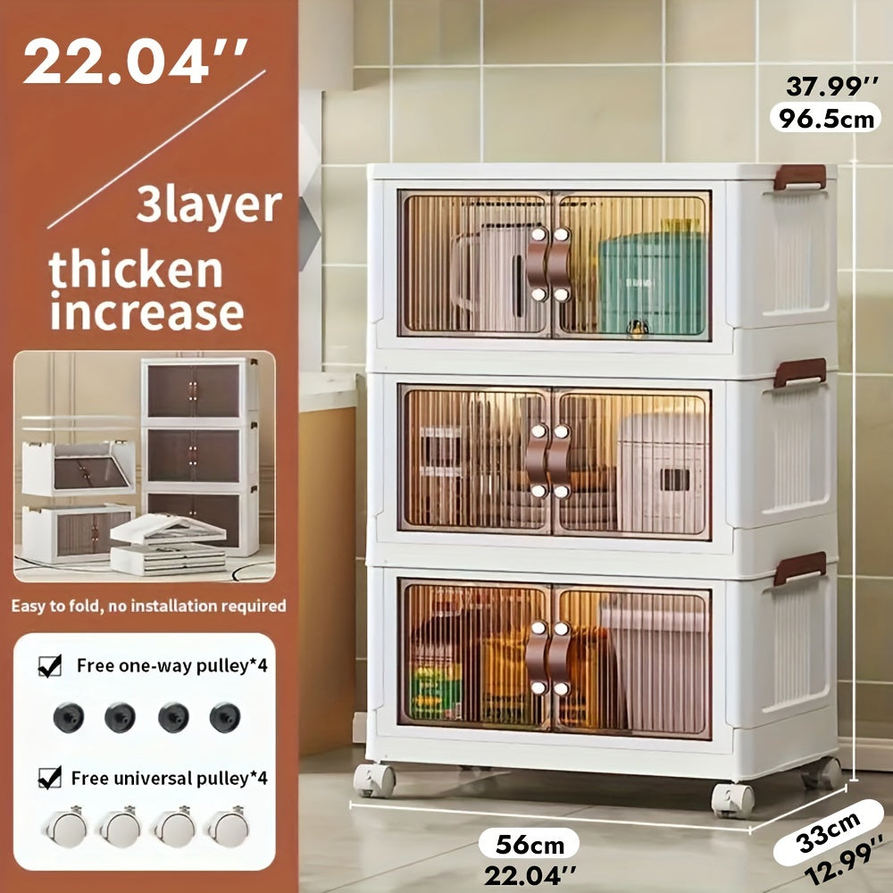1pc Plastic Storage Box with Wheels and Door, Foldable, Hand Wash Only, Big Capacity Container for Bedroom/Kitchen/Living Room, 49/56cm Width