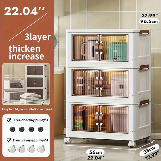 1pc Plastic Storage Box with Wheels and Door, Foldable, Hand Wash Only, Big Capacity Container for Bedroom/Kitchen/Living Room, 49/56cm Width