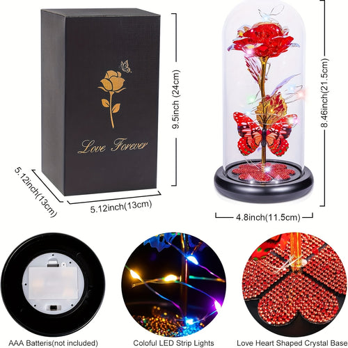 1pc Mother'S Day Rose Gift for Mother, Galaxy Glass Rose Forever Eternal Crystal Flower Glow Rose Glass Dome And Butterfly Birthday Flower Gift for Women'S Mother, Wife, Sisters, Daughter, Purple