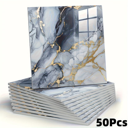 50/100pcs, Glossy Marble Pattern Imitation Tile Self-adhesive Wall Stickers with Texture Peel And Stick Wallpaper, Waterproof Living Room Kitchen Background Wall Stickers, Bathroom Home Wall Stickers, Not High Temperature Resistance