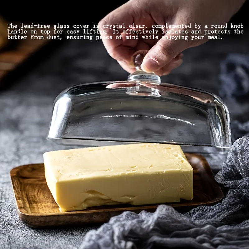 Retro Wooden Butter Dish With Glass Lid, Multifunctional Serving Tray For Weddings, Parties & Desserts - Durable, Easy To Clean, Perfect For Cakes, Fruits & Snacks