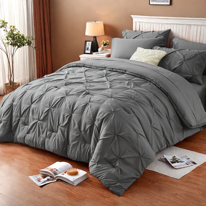5/7pcs Luxurious Pleated Comforter Collections - Exceptionally Soft Plush Fiber Filling, Suitable for Year-Round Warmth - Includes Quilted Comforter, Flat Sheet, Fitted Sheet, Pillowcases, Pillow Shams, Complete Bed Set