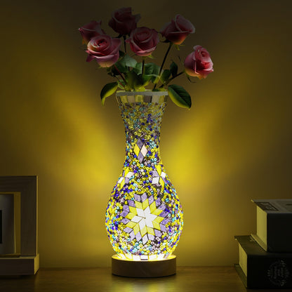 Mosaic Vase Lamp Turkish Moroccan Handmade Colorful Glass Table Lamp with Wooden Base – USB Plug-In Boho Night Light, Flower Vase Lamp for Bedroom Living Room Decor, Bohemian Mosaic Desk Lamp Gift