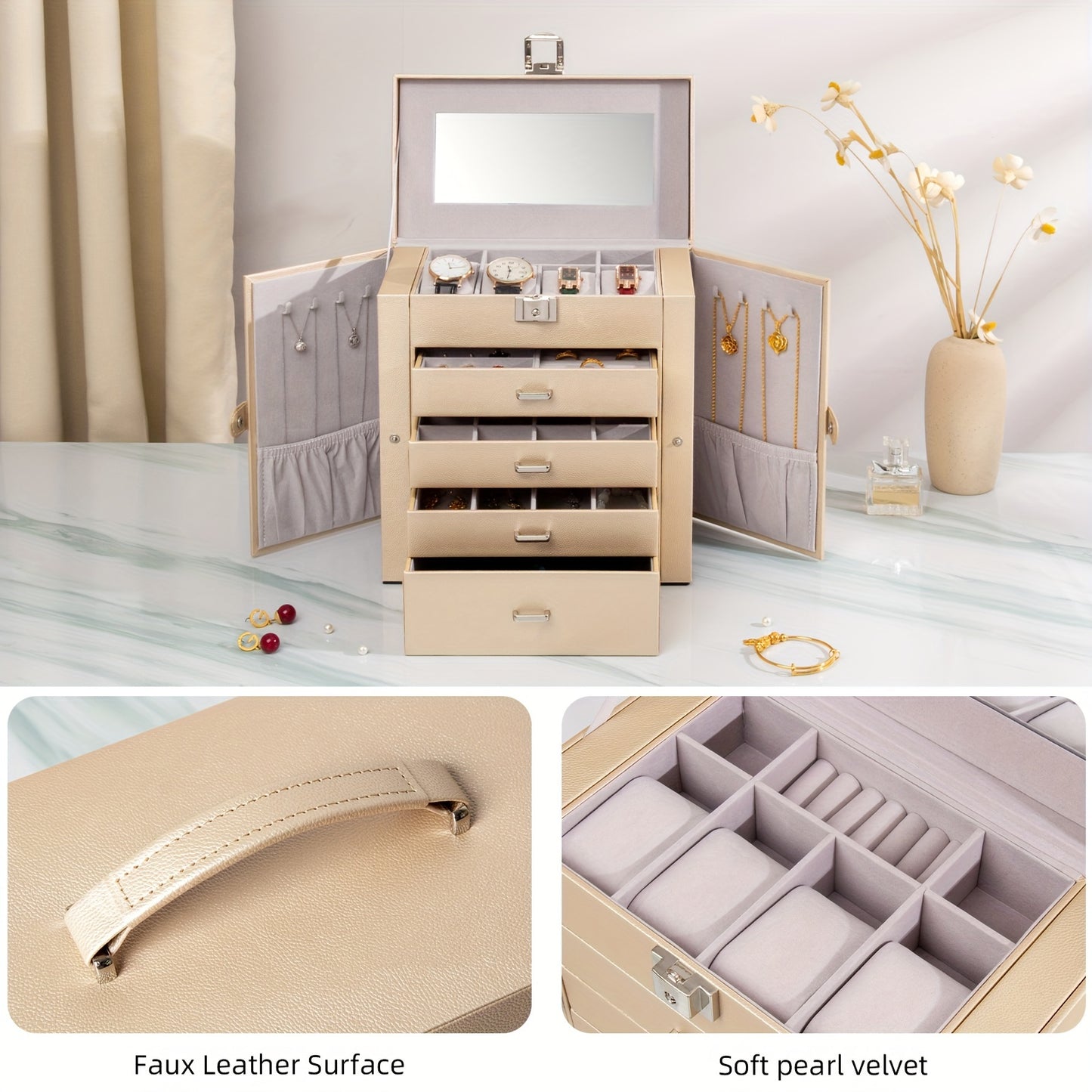 Large Jewelry Box, 5-Tier PU Leather Jewelry Organizer with Lock, Multi-Functional Storage Case with Mirror, Jewelry Organizer for Bracelets, Earrings, Rings, Necklaces, Mother'S Day, Jewelry Boxes