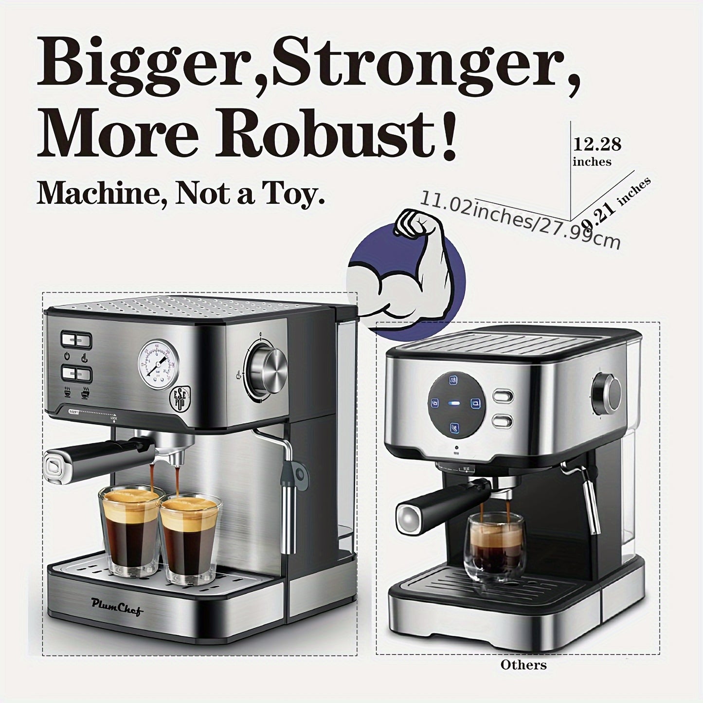 20 Bar Espresso Machine 950W – Stainless Steel Espresso & Cappuccino Latte Maker with Steam Wand Milk Frother, 49.03oz Water Tank, ESE Pod Filter, Home Barista Coffee Machine – Black, Pressure Gauge
