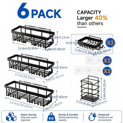 6 Shower Racks, Toilet Paper Rack, Soap Rack, Toothbrush Rack, No Drilling Required, 13-inch Large Capacity, Bathroom Storage And Kitchen Sticky Shower Storage Rack (black)