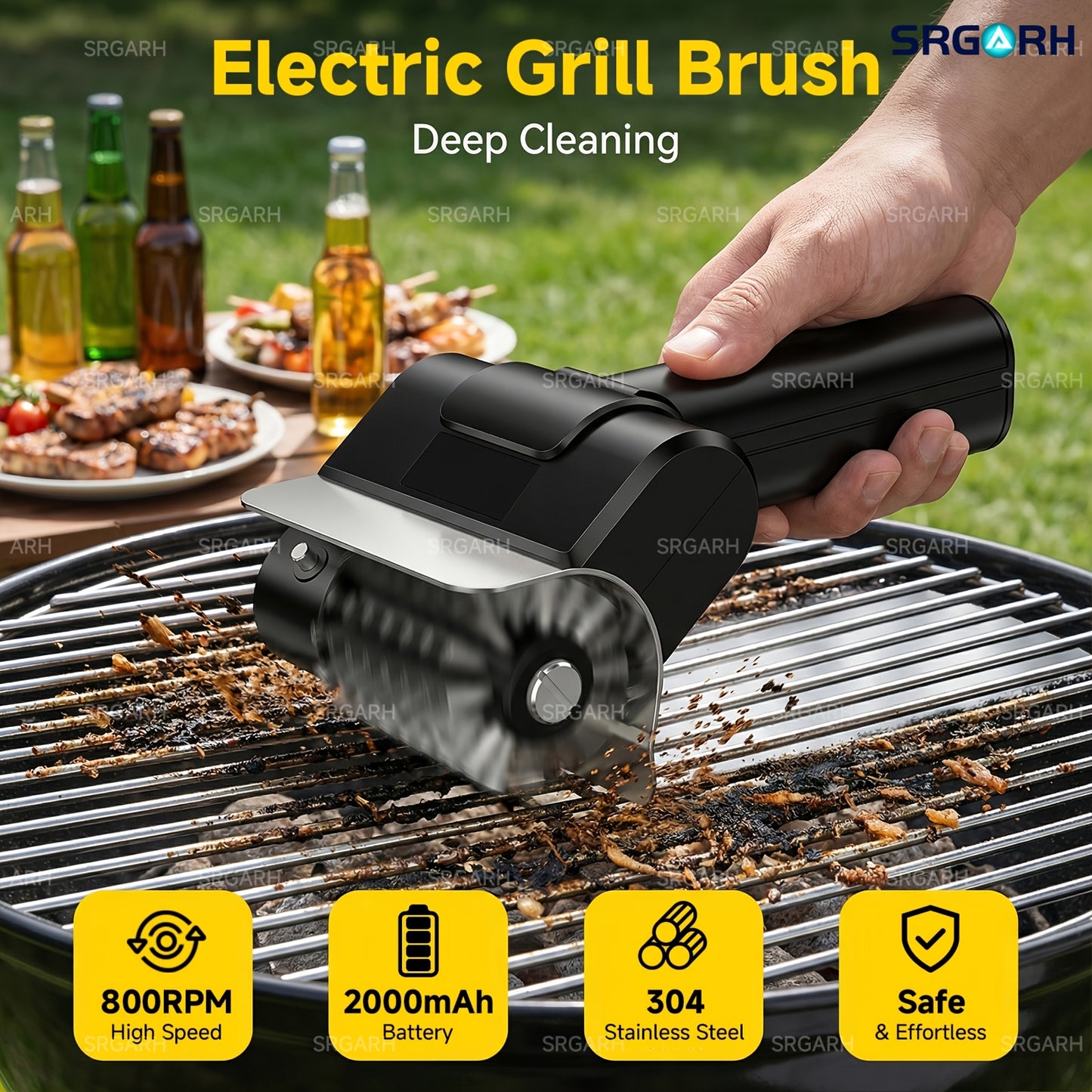 Electric BBQ Grill Brush Cordless Rechargeable Grill Cleaner with 800 RPM Rotating Head, 2000mAh Battery, 304 Stainless Steel Bristles – Outdoor Grilling Tool, Father's Day Gift