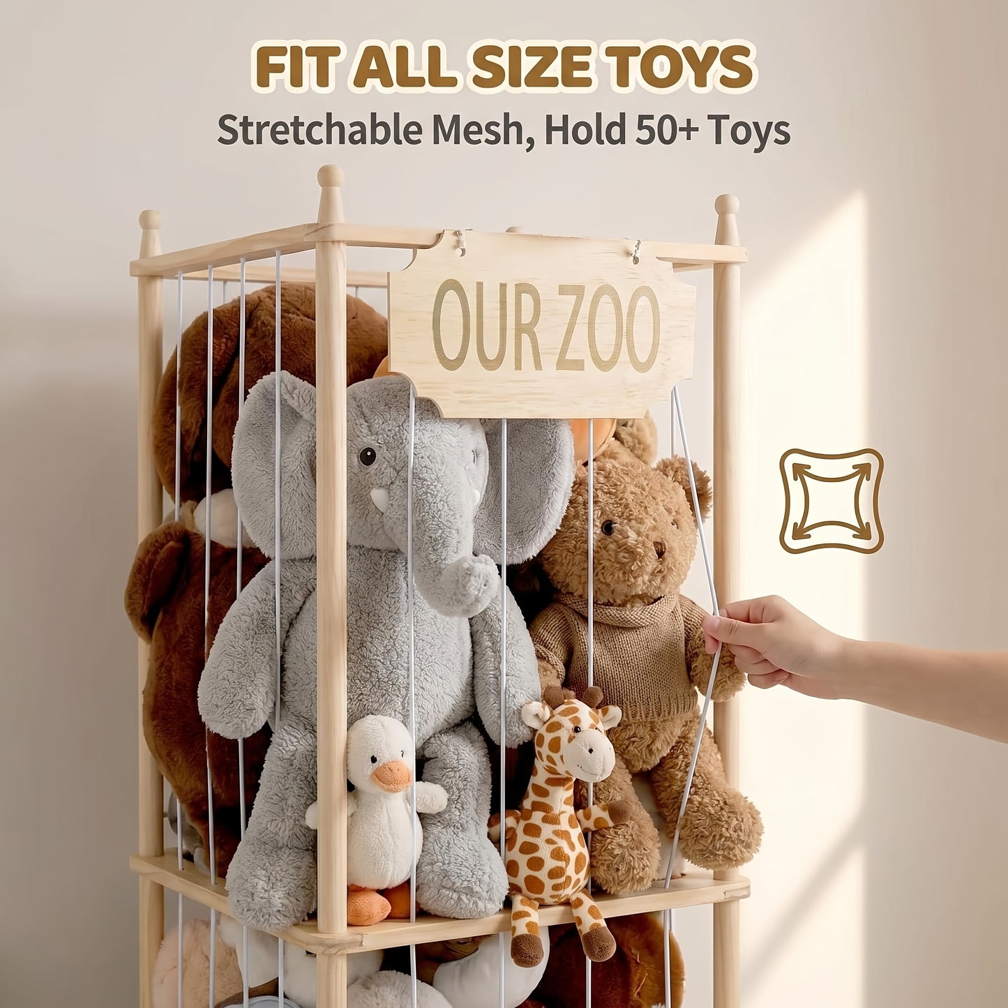 Stuffed Animal Storage Organizer - Thick Wooden Zoo for Playroom & Bedroom, Large Plushies Holder with Cute Jail Cage Design, Plush Display Tower Shelf (Large)
