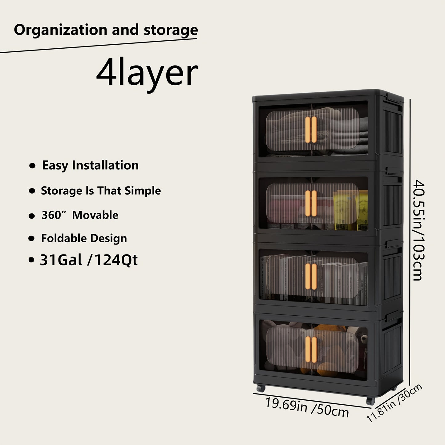 4/5 Tier Large Double Door Storage Locker & Bin, Collapsible Stackable Sturdy Space-Saving Plastic Organizer with 360° Rotatable Lockable Wheels - All-Purpose Organizer for Dorm, Office, Closet, Living Room, Gym, School, Garage, Bedroom, Basement