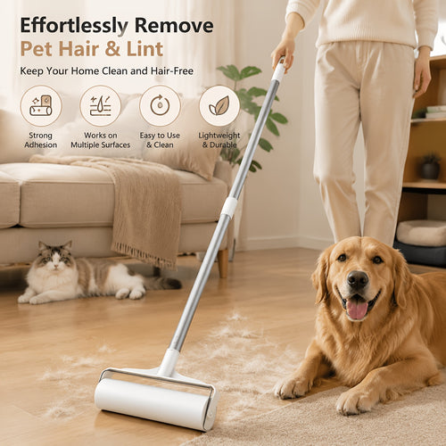 Pet Hair Remover Roller Mop Set 4pcs Lint Roller Long Handle with 3 Refill Rolls Retractable Cat Dog Hair Removal for Floor Sofa Carpet Clothing Cleaning