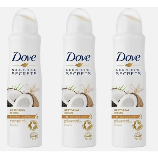 Dove Antiperspirant Deodorant Spray 3-Pack Coconut Jasmine Restoring Ritual 150ml Each – 48-Hour Sweat & Odor Protection with Moisturizing Formula for Women Tropical Fragrance Body Spray