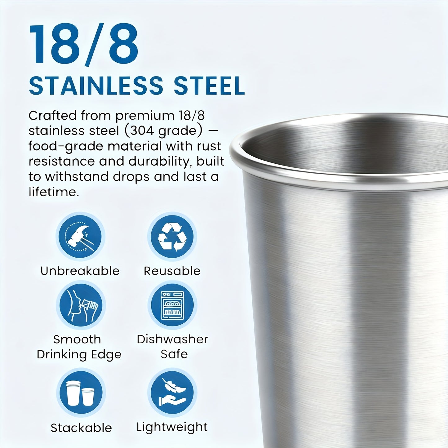 12 Pack 16oz Stainless Steel Pint Glasses - Unbreakable Metal Drinking Cups, Commercial Grade Stackable Barware, Dishwasher Safe & Rustproof Design, Reusable Beer & Cocktail Glasses for Restaurants, Bars, Outdoor Parties, Camping, Picnics