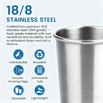 12 Pack 16oz Stainless Steel Pint Glasses - Unbreakable Metal Drinking Cups, Commercial Grade Stackable Barware, Dishwasher Safe & Rustproof Design, Reusable Beer & Cocktail Glasses for Restaurants, Bars, Outdoor Parties, Camping, Picnics