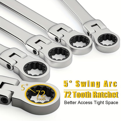 5pcs Flexible Head Ratchet Wrench Set(6-10Mm), Metric Size, Made of Chrome Vanadium Steel, Features a 72-Tooth Ratchet Mechanism for Easy Rotation, Designed with Both Open And Closed Ends, Suitable for Automotive, Bicycle, And Home Repairs