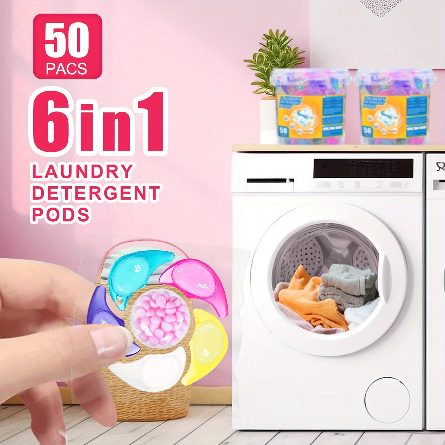 Laundry Detergent Pods 50 Count 6-in-1 Laundry Beads Stain Removal Long-Lasting Fragrance Freshening Beads Deep Clean Fabric Softening Brightening All-in-One Laundry Pods 1 Box