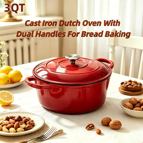 Enameled Dutch Oven Pot with Lid, Enameled Cast Iron Dutch Oven Pot with Lid, Cast Iron Dutch Oven with Dual Handles for Bread Baking, Non-Stick Enamel Coated Heavy Duty Cookware, Easy to Clean, Heat Retention