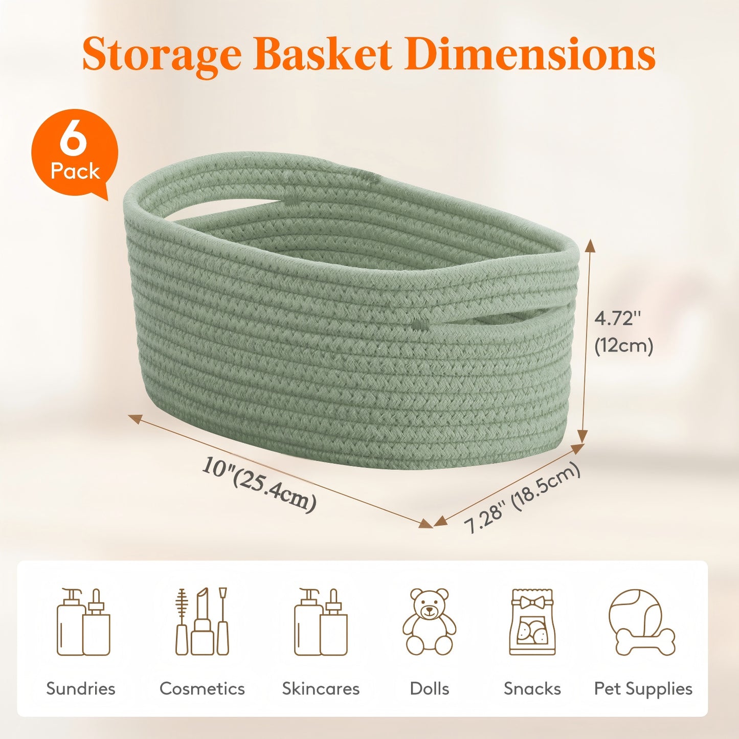 Woven Storage Baskets 6-Pack Cotton Rope Cube Bins 11x7x5" | Handmade Small Shelf Baskets for Organizing Closet Bedroom Living Room Playroom | Round Decorative Storage Caddy Multiple Colors