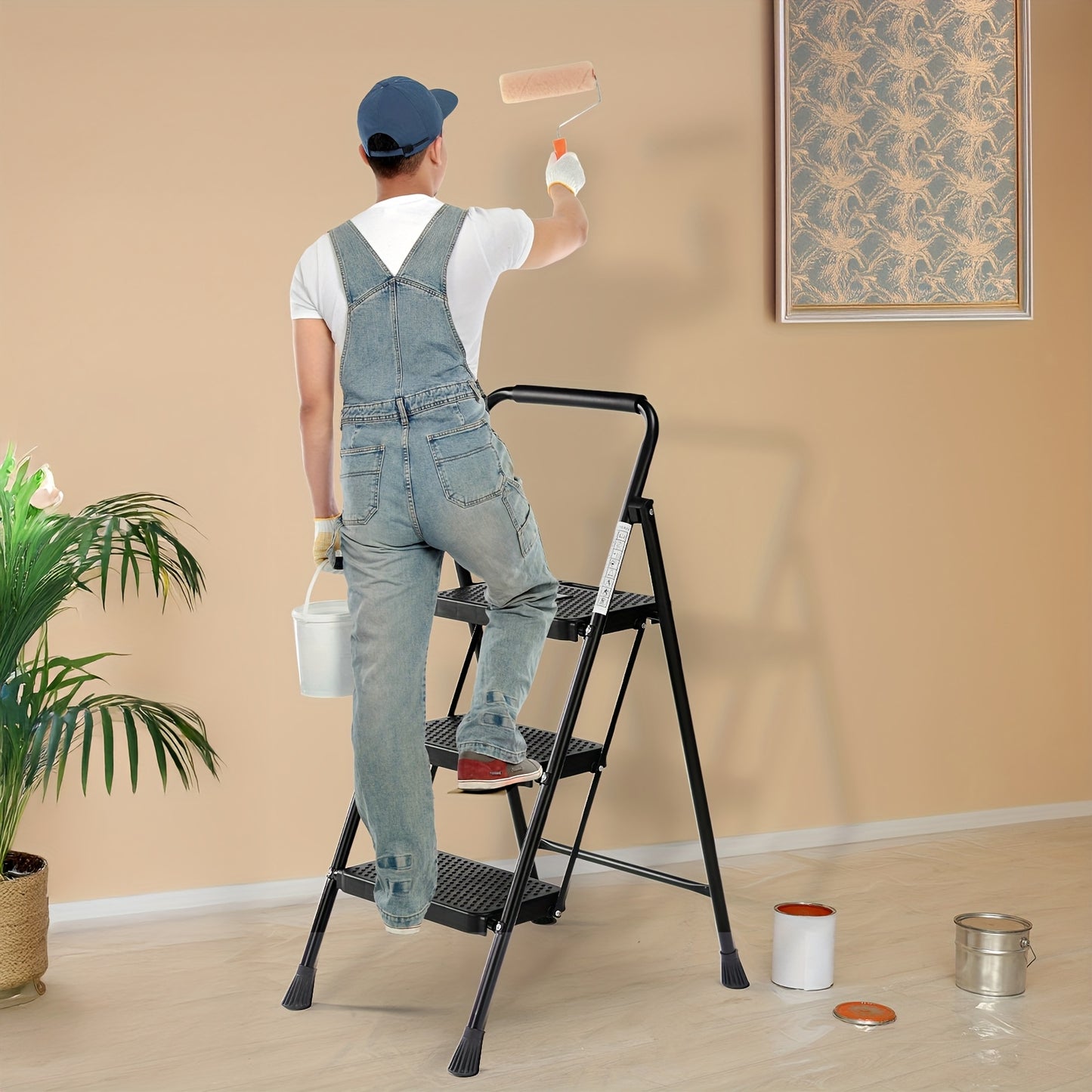 Step Ladder Shelves Heavy Duty Folding Step Stool with Wide Anti-Slip Pedal, 800lbs Storage Shelves Sturdy Steel Ladder Convenient Tool Lightweight Portable Steel Step Stool, 2 Steps 3 Steps, Festival Gifts, Black