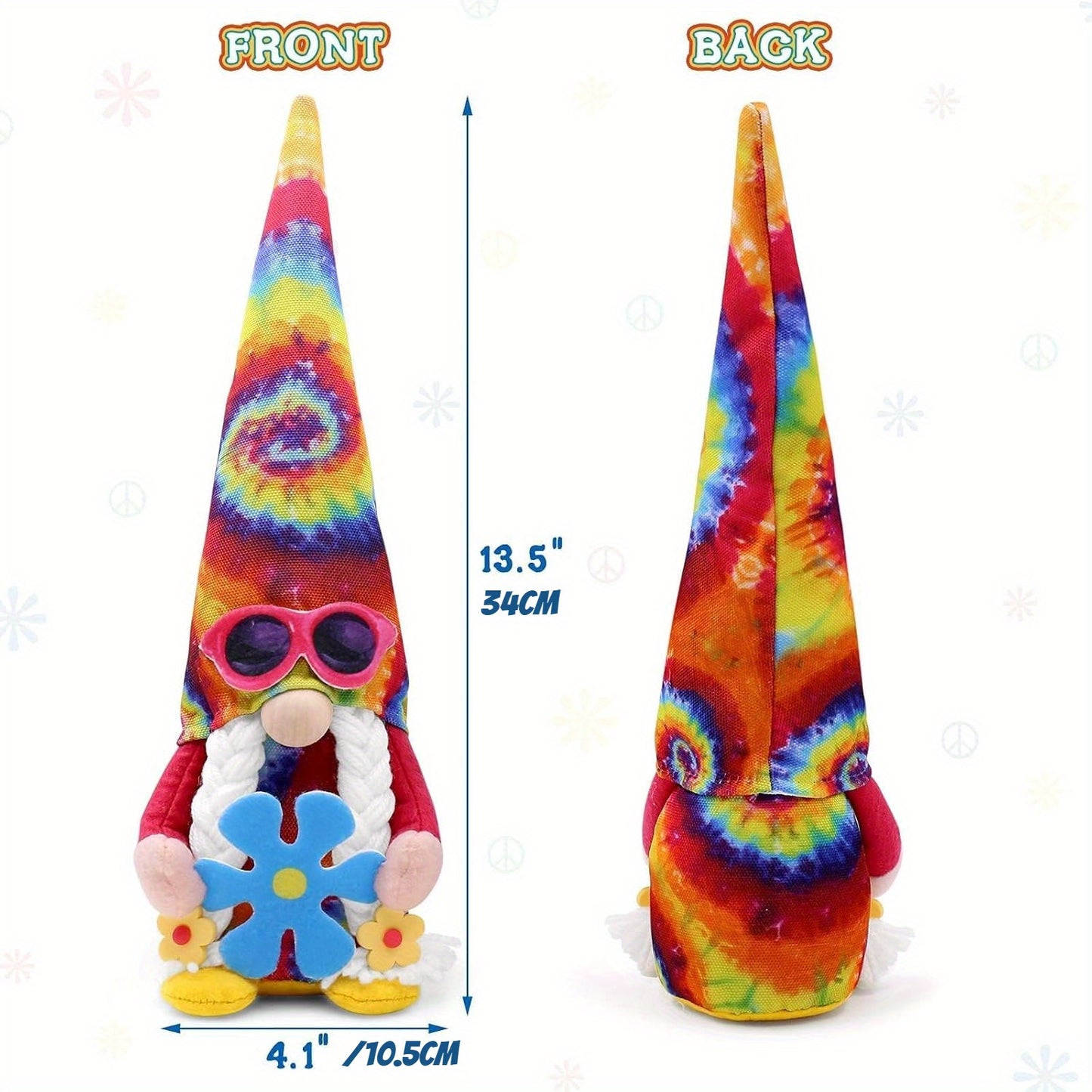 2pcs Hippie Gnomes Groovy Gnome Decorations with Peace Sign Fashion Glasses Spring Tie Dye Tomte Swedish Collectible Figurines Farmhouse Hippy Trippy Room Decor Gift for Friends Family Christmas Halloween Costume Party Ornaments