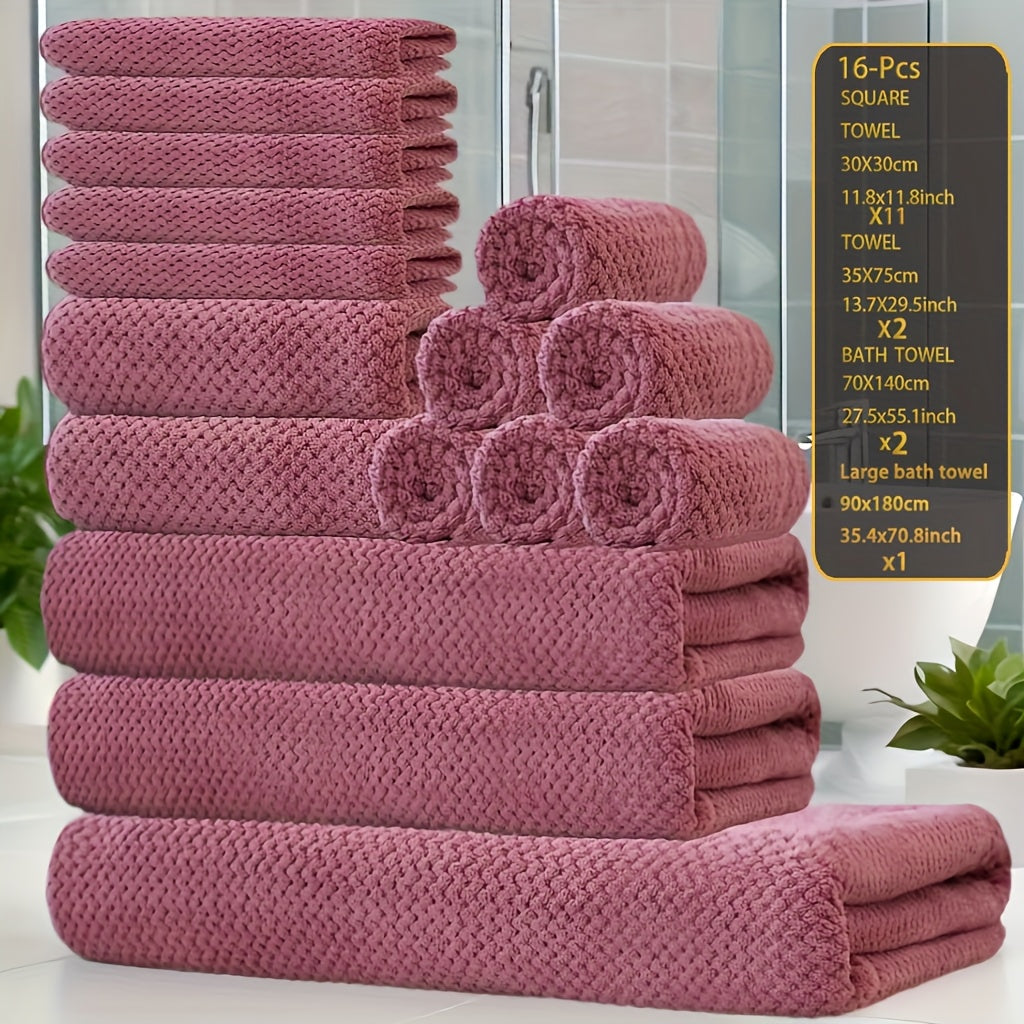 16pcs Coral Fleece Bath Towel Set, 1 Extra Large Bath Towel, 2 Bath Towels, 2 Washcloths, 11 Square Towels, Suitable for Hotels, Homes, Travel, And Spas