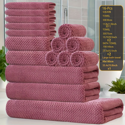 16pcs Coral Fleece Bath Towel Set, 1 Extra Large Bath Towel, 2 Bath Towels, 2 Washcloths, 11 Square Towels, Suitable for Hotels, Homes, Travel, And Spas