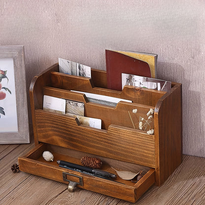 High-Capacity Wooden File Storage Rack with Multi-Compartment Organizer, Drawer And Desktop Sundries Folder for Office, Study, And Home Bookcase, Utility Racks