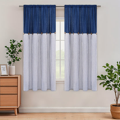 Semi Sheer Curtains Bohemian Linen Cotton Patchwork Grommet Top Window Drapes for Bedroom Living Room Kitchen Bathroom Cafe - Boho Country Cottage Style 4 Seasons 1 or 2 Panels