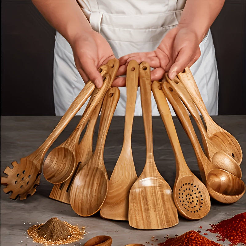 6/10pcs Wooden Kitchen Utensils, Non-Stick Cookware Set, Natural Wooden Spoon, Mixing Spatula And Wok Spatula With Ergonomic Handle, Suitable For Non-stick Pans, Heat-resistant, Easy To Clean And Durable Kitchen Essential Cookware Accessories.