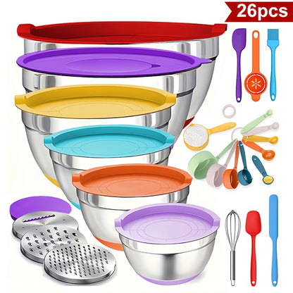 Mixing Bowls with Airtight Lids, 26pcs Stainless Steel Bowls Set, 3 Grater Attachments & Black Non-Slip Bottoms Size 7, 4, 2.5, 2.0, 1.5, 1QT, Great for Mixing & Serving