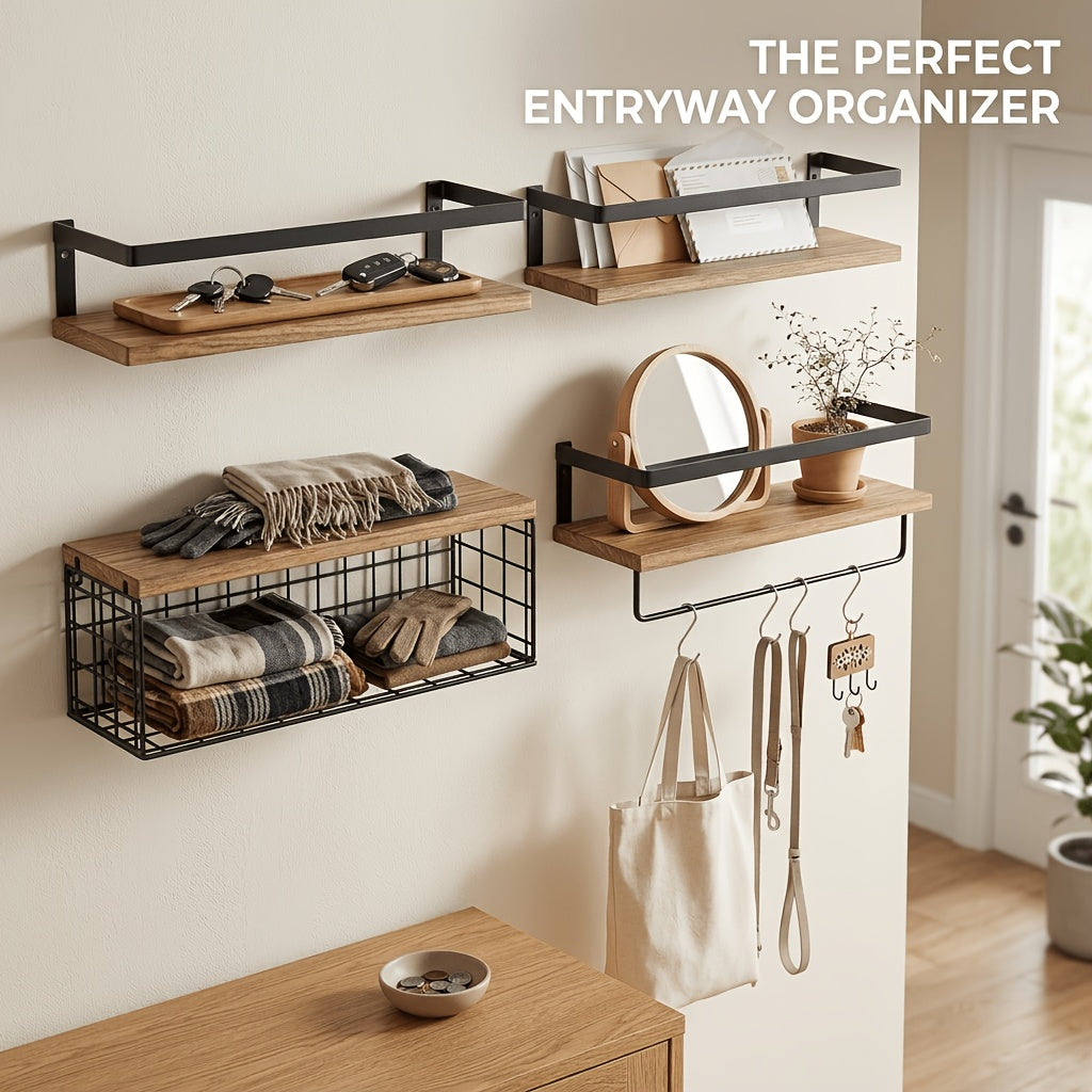 2/4 Iron Wrought Wooden Suspended Shelves, Hard Wood, Iron Frame Fence, Firm And Convenient, Suitable for Vases, Flower POTS, Books, Incense, Candles, Cups, Snacks And Other Sundry Storage.Independence Day/Graduation Gift, Floating Shelves
