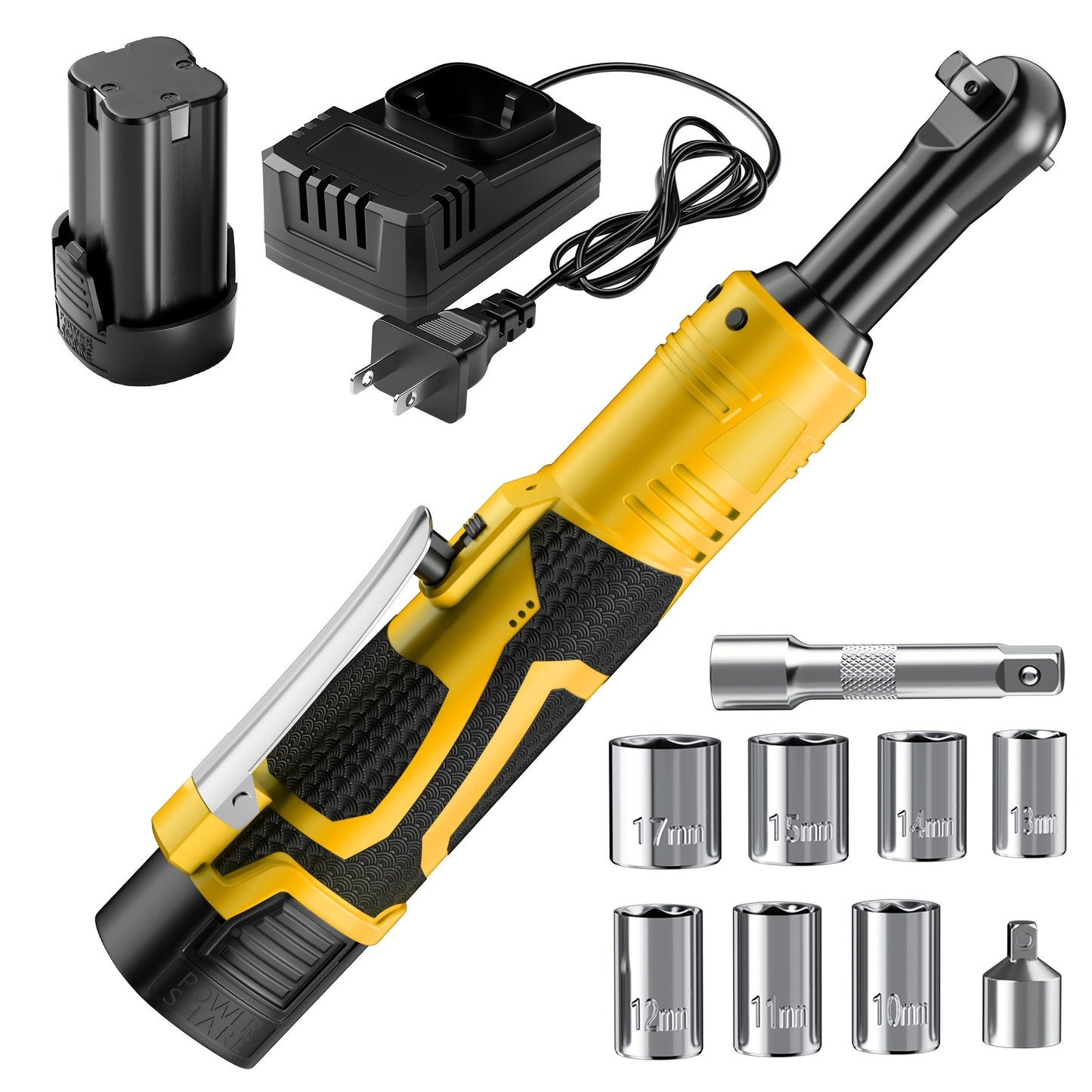 Yellow Cordless Electric Rachet Wrench Set, Ergonomic Grip, Variable Speed Trigger, 2-Pack Lithium-Ion Batteries, 9 Sockets For Car Repair, Home, Automotive Maintenance