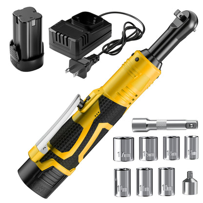 Yellow Cordless Electric Rachet Wrench Set, Ergonomic Grip, Variable Speed Trigger, 2-Pack Lithium-Ion Batteries, 9 Sockets For Car Repair, Home, Automotive Maintenance