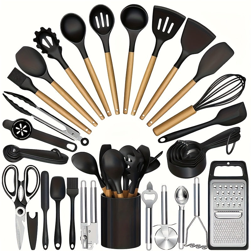 Silicone Cooking Utensils Set 35-Piece with Holder Rack Wooden Handle Heat Resistant Kitchen Tools for Non-Stick Pans – Complete Kitchen Utensil Set in Multiple Colors