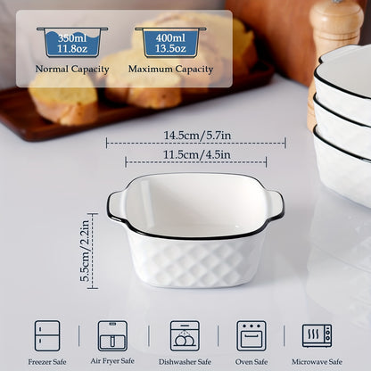 4pcs, 13Oz Ceramic Baking Dishes, 5.7X4.5X2.2'' Square Baking Dishes - Diamond Design, 400Ml Small Baking Dish for Air Fryer, Ceramic Bakeware with Handles, Oven-Safe & Microwave-Safe