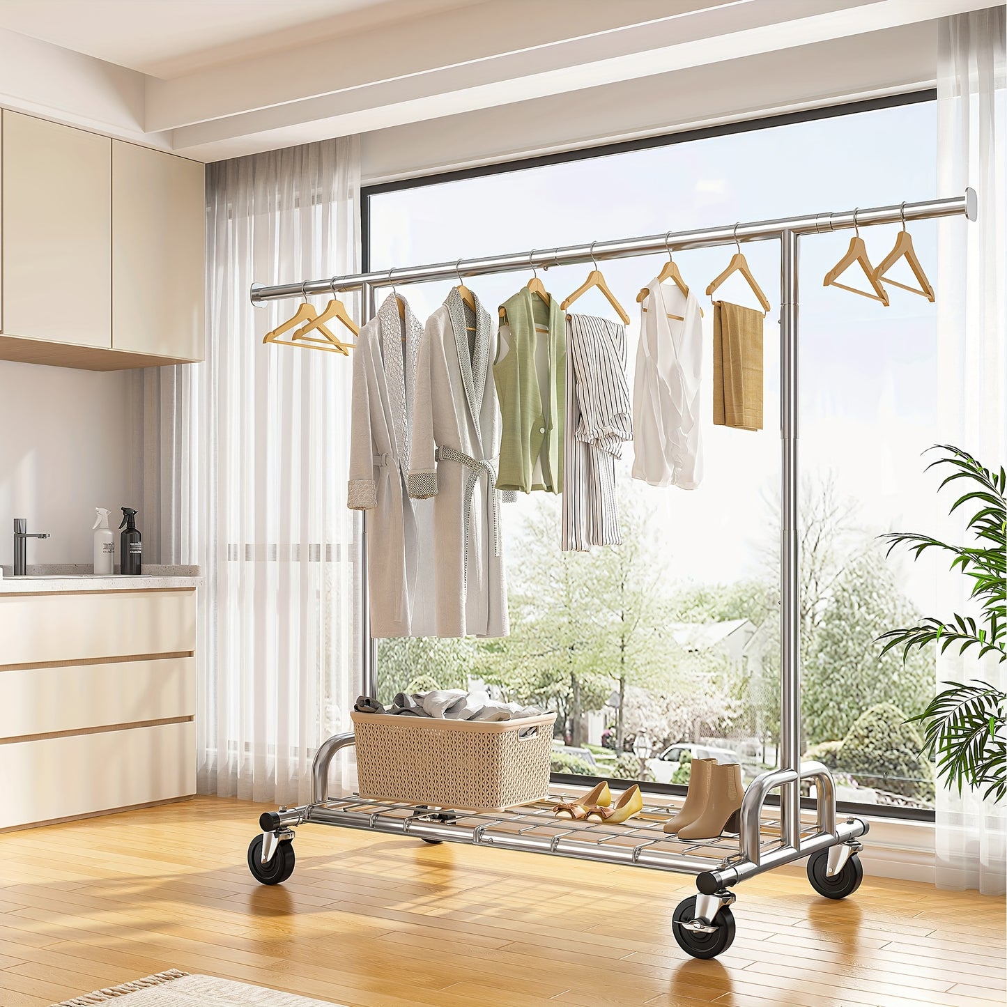 Raybee Clothes Rack Heavy Duty Loads 480LBS, Clothing Racks for Hanging Clothes, Adjustable Rolling Clothes Rack with Wheels, Garment Rack for Bedroom, Closet, Laundry Room, 71" Hx22 D X 75" W, Drying Racks